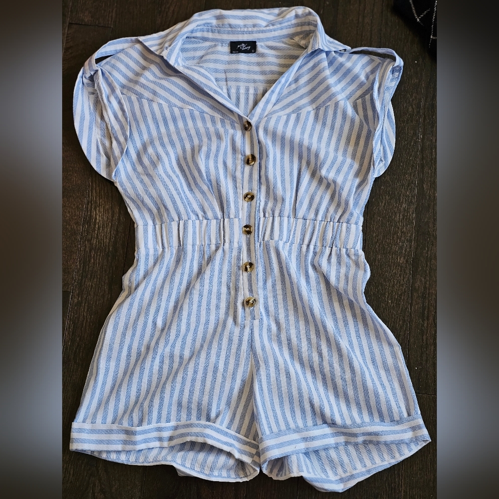 Blue Striped Button-Up Romper women size Large